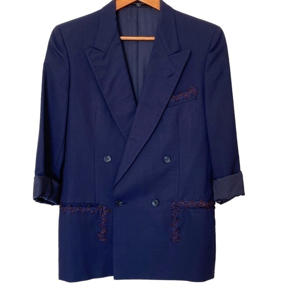Valentino Uomo Vtg Pinstripe Double Breasted Longline Blazer, Size 46 Reg